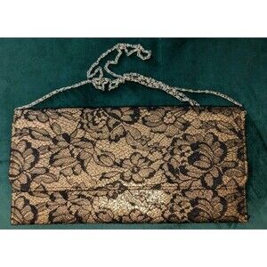 Vintage Black and Rose Gold Floral Lace Envelope Clutch Purse